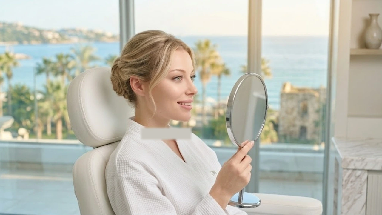 Beautiful patient admiring her rhinoplasty result in a luxury Antalya clinic with Mediterranean view