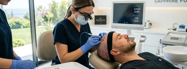 Sapphire FUE hair transplant with sapphire blades for precise incisions